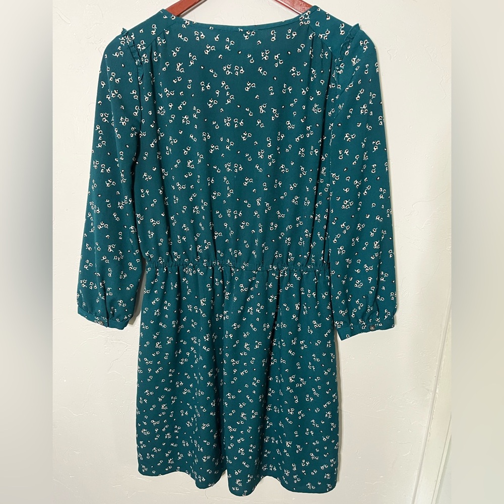 LOFT Teal Floral Long Sleeve‎ Mini Dress Medium Petite - Picture 6 of 7